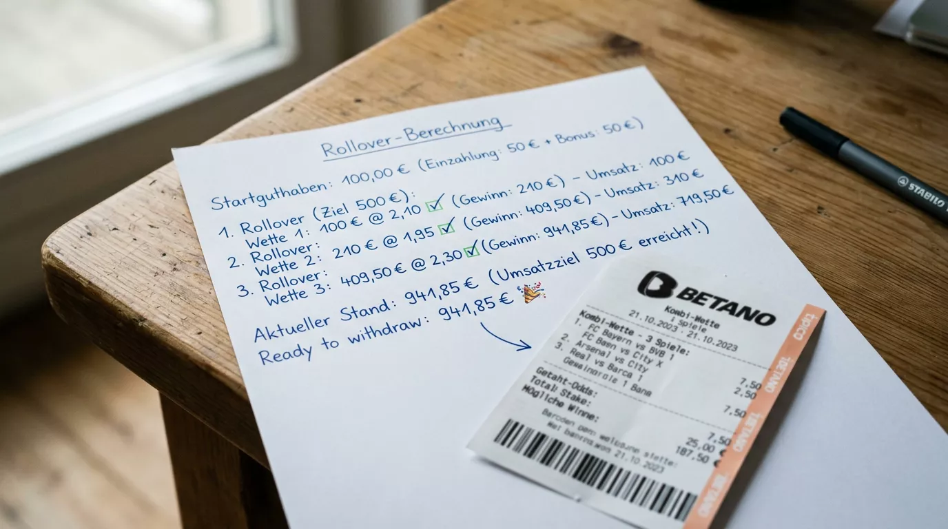 Rollover berechnen: Wett-Beispiel von Einzahlung bis Auszahlung